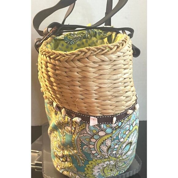Vera Bradley Peacock Floral Straw Wicker Fabric Tote Bag Blue Green Large - Picture 5 of 11